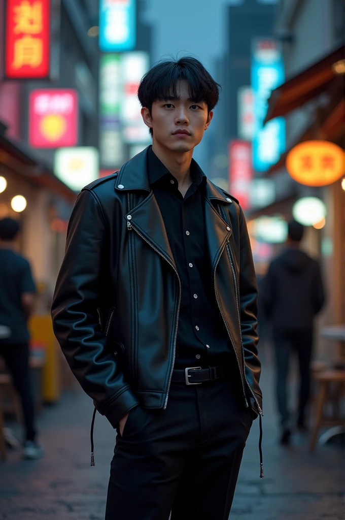 25 year old Korean young guy, tall, realistic, medium build, with muscles ,broad shouldered,With pale white skin , with a gentle and soft face ,with elongated deep blue eyes with a hunter's gaze, with a mole under the left eye,straight black hair that covers the entire forehead with bangs covering the entire forehead, wearing a black leather jacket with a dark long sleeve collar, and black gloves, with dark tight trousers and formal shoes