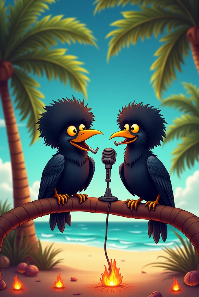Two funny raven with yellow eye. One with 
afro the other one  is smokign. haging up in a palm talking with podcast microphone. The palm is sent on fire 
