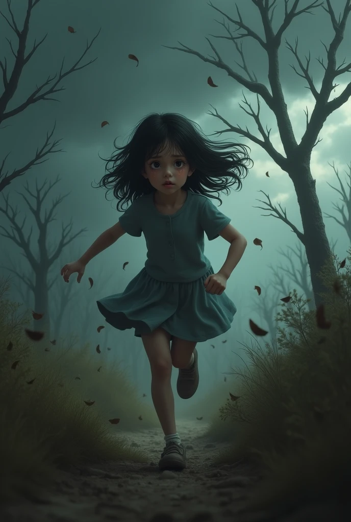 a black-haired girl with shoulder-length hair, fleeing from reality. (Heart Broken.)