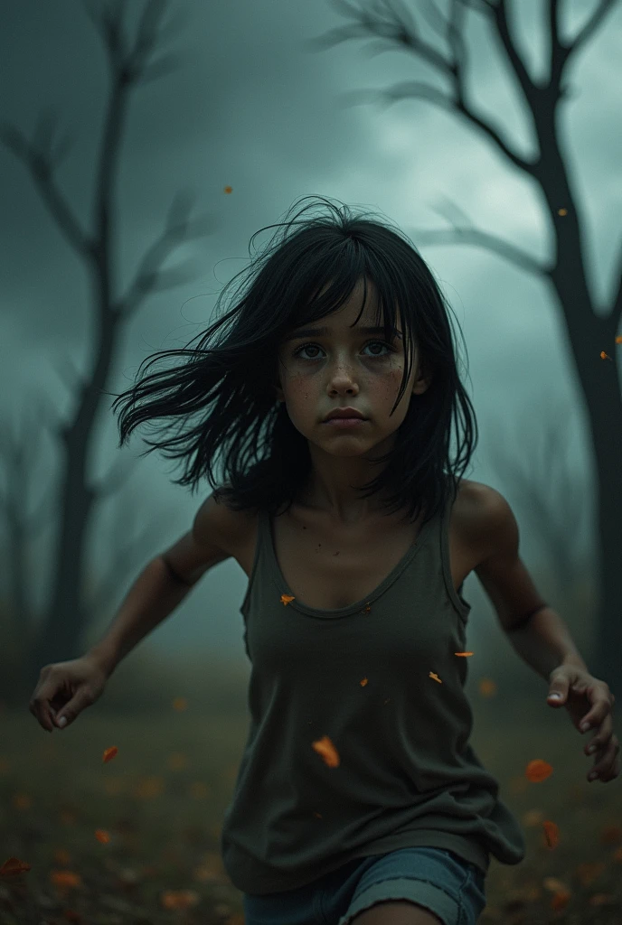 a black-haired girl with shoulder-length hair, fleeing from reality. (Heart Broken.)