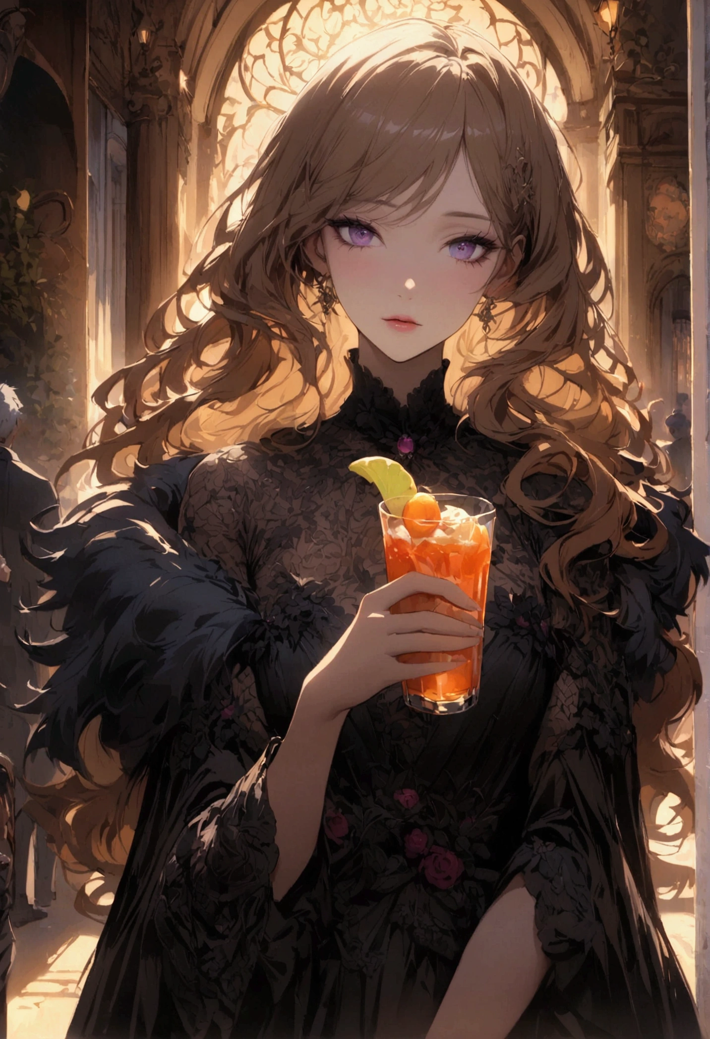 caramel hair wolf in background. with a man on the focus in first place, with holding a drink.