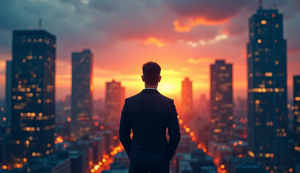 A modern city background at dusk, with tall buildings and lights starting to come on, representing the urban environment where personal revolutions happen. At the center, A silhouette of a person standing, looking at the city with a confident posture. The video title can be highlighted with a bold, dynamic font, Something like "Revolution Sua Mente" ou "Transformation Starts Here". Use colors like dark blue and vibrant orange, conveying both seriousness and energy. Small visual elements, like sparks of light or rays of sunlight passing through the image, can symbolize the awakening of the revolutionary mentality.