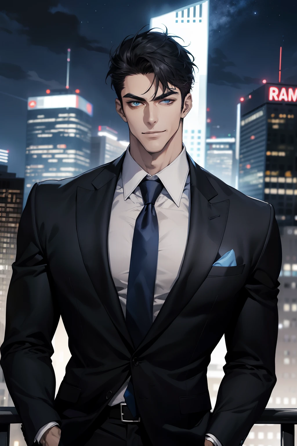 (absurdres, highres, ultra detailed, realistic, ), 1 male, solo, adult, mature, tall muscular guy, broad shoulders, handsome, very short hair, grey black hair, blue gray eyes, angular jaw, thick neck, thick eyebrows, night, dark, the night view of the city background, formal suit, necktie, upper body, expression smile in love.