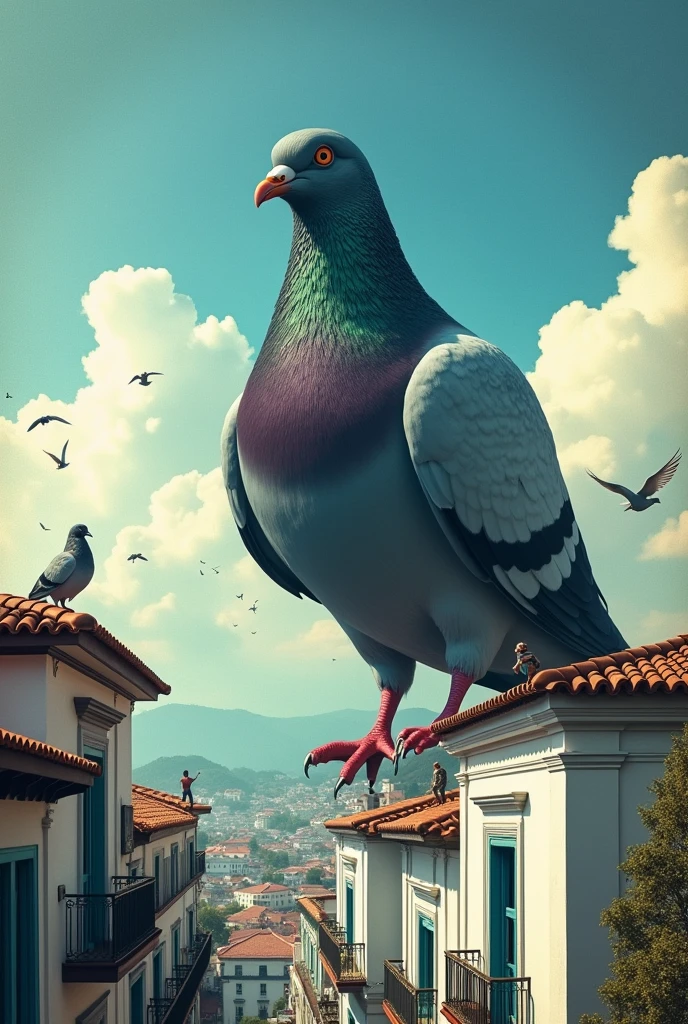 Fictional movie poster of a pigeon in a suit a giant-sized pigeon invading the colonial city of Popayán Colombia a city with white colonial buildings. The pigeon must be on the buildings and the pigeon must be bigger than the buildings. 