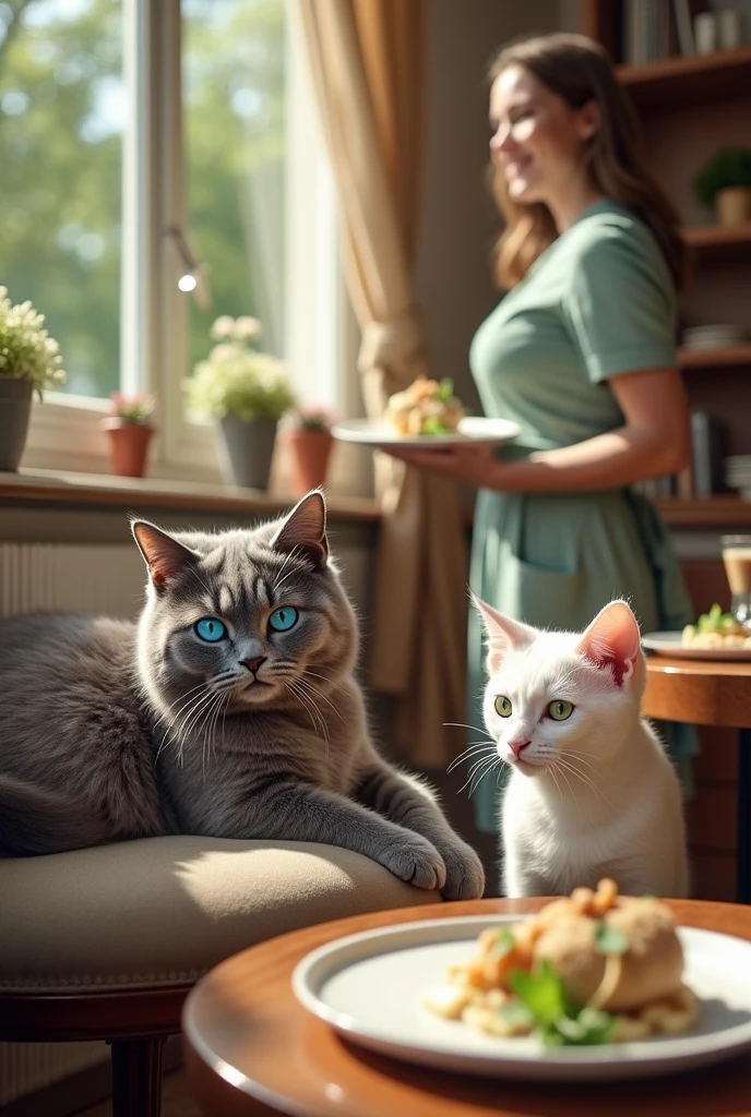 The gray cat with blue eyes is lying down and a white cat with green eyes arrives, a waitress with a plate of food for the gray cat with blue eyes.