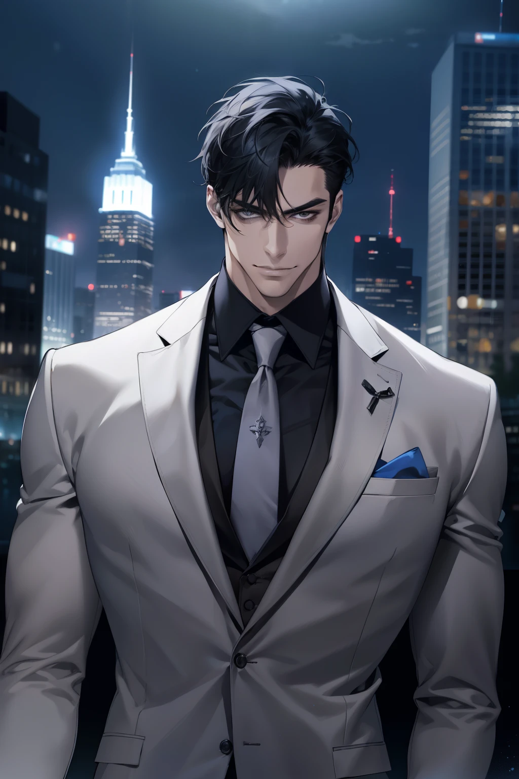 (absurdres, highres, ultra detailed, realistic, ), 1 male, solo, adult, mature, tall muscular guy, broad shoulders, handsome, very short hair, grey black  hair, blue  gray eyes, angular jaw, thick neck, thick eyebrows, night, dark, the night view of the city background, formal suit, necktie, upper body, expression smile in love.