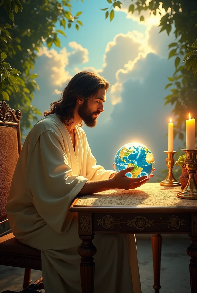 Jesus sitting praying at a table holding planet earth
