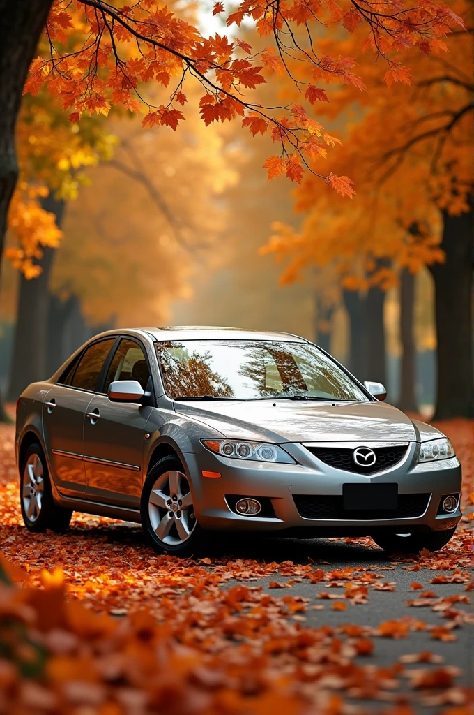 Mazda 6 2004 wallpaper in pearl gray color on autumn background for phone