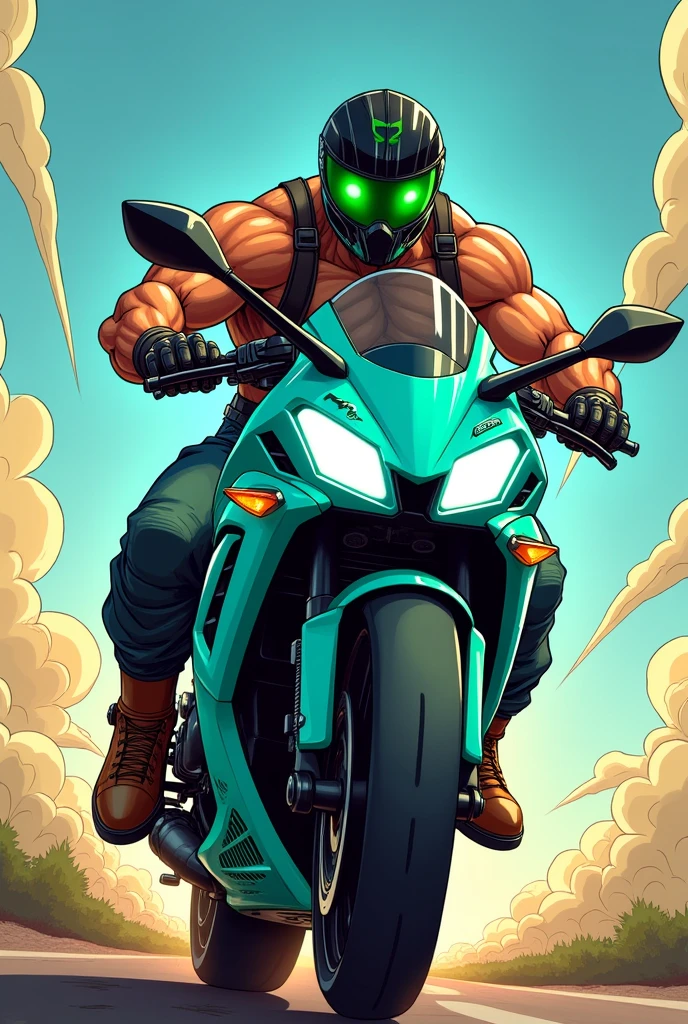 Create a muscular guy with green eyes with a black and green helmet on top of a motorcycle kawasaki m3 with turquoise blue details in cartoon grafic