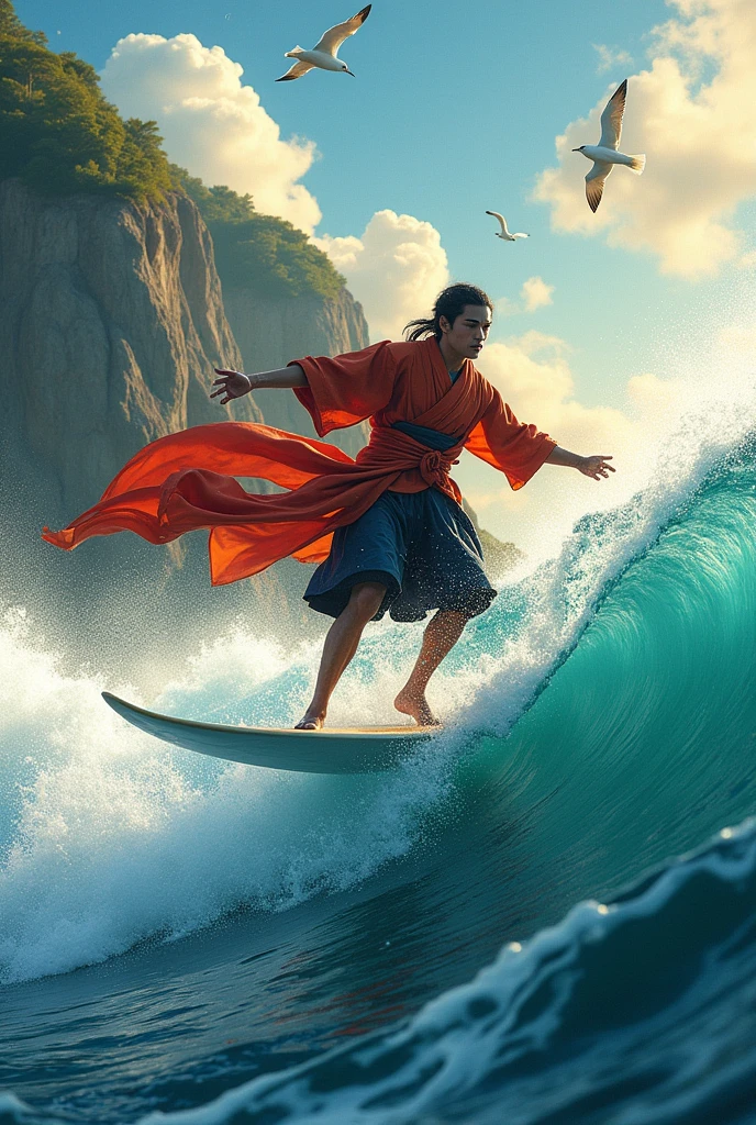 Goemon Ishikawa skillfully controls big waves while surfing.