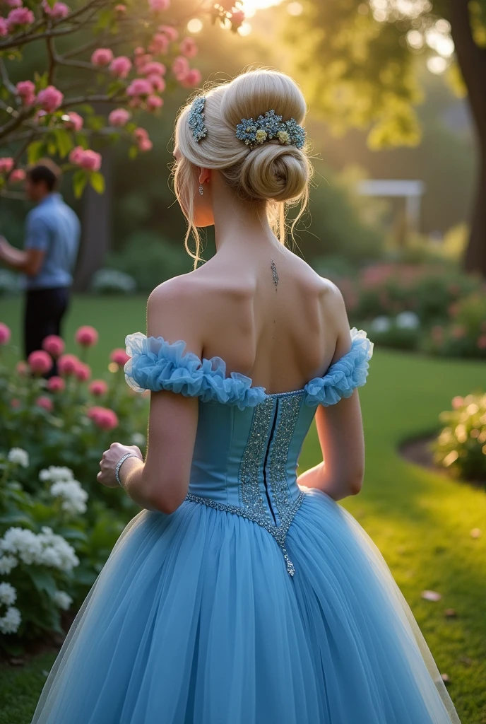 Make Cinderella with the blue dress and blonde hair tied in a bun. live Action. in the garden with the prince. Make with the old time image 1900s