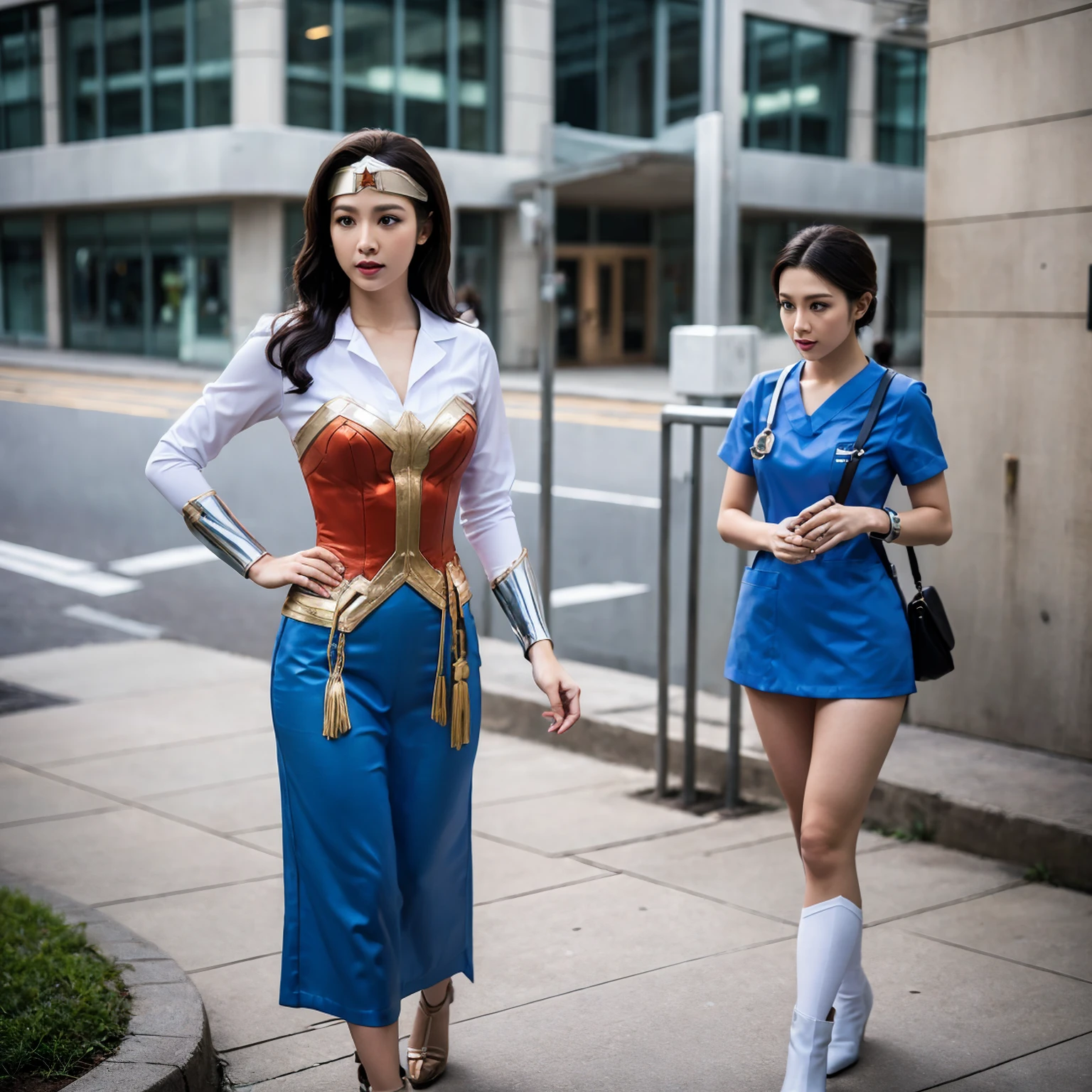 The path to change、Wonder Woman transforms into a female nurse、Wonder Woman&#39;s costume smoothly changes into a nurse outfit、In the hospital、
