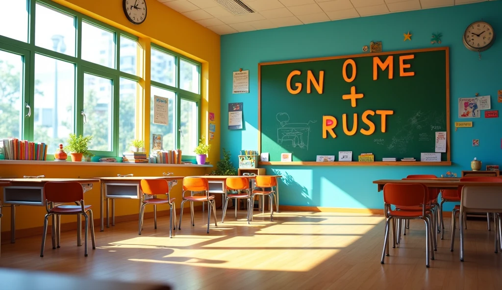 a school class with bright colors. the class is empty without any student.; on a green board writes "GNOME 47 + RUST,  anime style