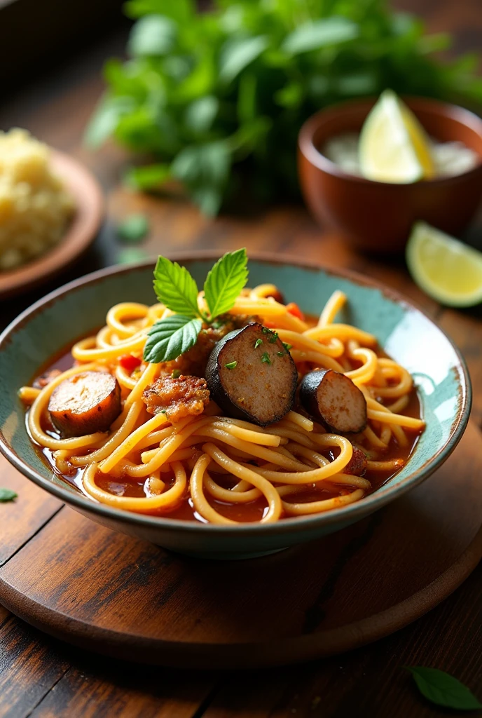 Sinigang pasta in a bowl, top view