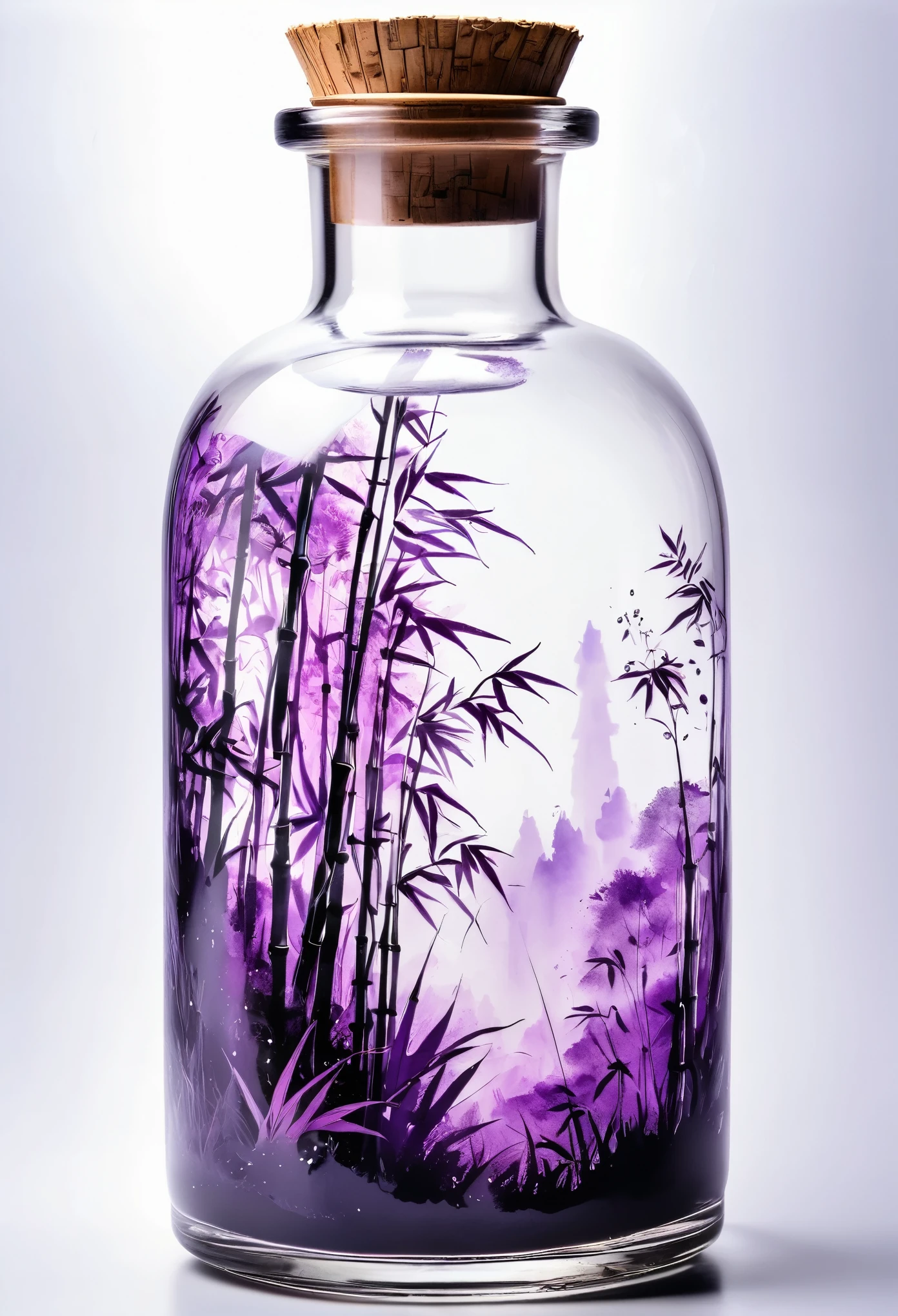 Chinese ink painting, purple bamboo forest hidden in a fairyland in a transparent glass bottle, supernatural, surreal