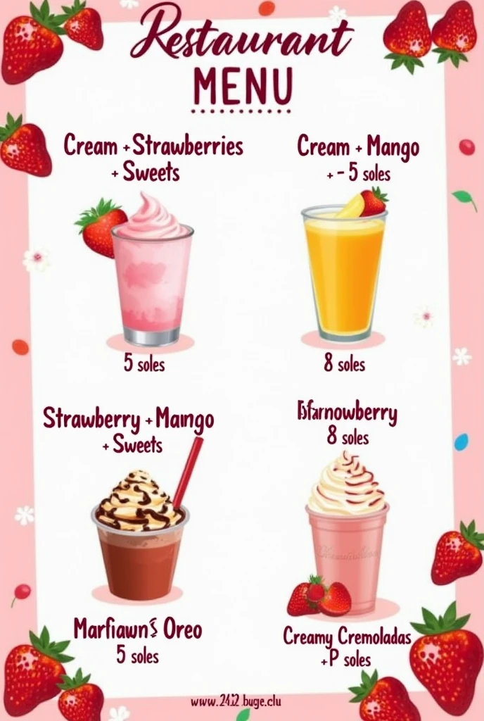 Asme una carta de restaurante de color rosado y blanco que tenga dibujos de strawberries y jugos  . Prices are Cream+strawberries+sweets 5soles Cream+mango+sweets 5soles Mix Strawberry+mango+sweets 8soles Martian Oreo 2.50 Cremoladas 5 soles 