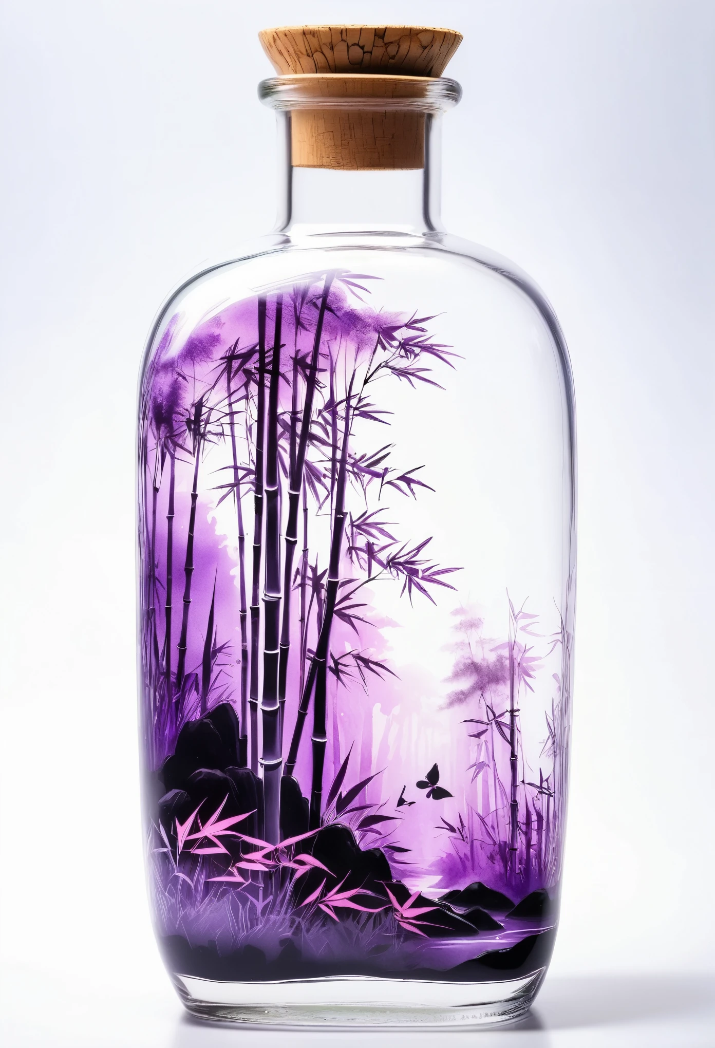 Chinese ink painting, purple bamboo forest hidden in a fairyland in a transparent glass bottle, supernatural, surreal