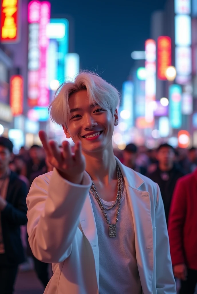 An American male kpop idol, 18 years old with white hair and a charming smile 