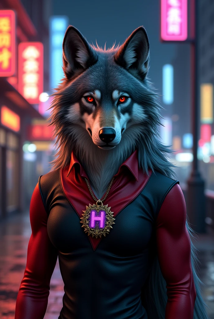 an anthropomorphic wolf with gray fur and slightly long, spiky hair, There is a hair passing between the two eyes, has a lot of fur behind, that goes all the way to your back, some of the fur from behind passes over the shoulder and stays in front of the chest, has a serious expression, has red eyes and dark circles, wears a red collar with a gold tag with a purple h symbol printed on it, wears a black and red long sleeve shirt from the chest down.