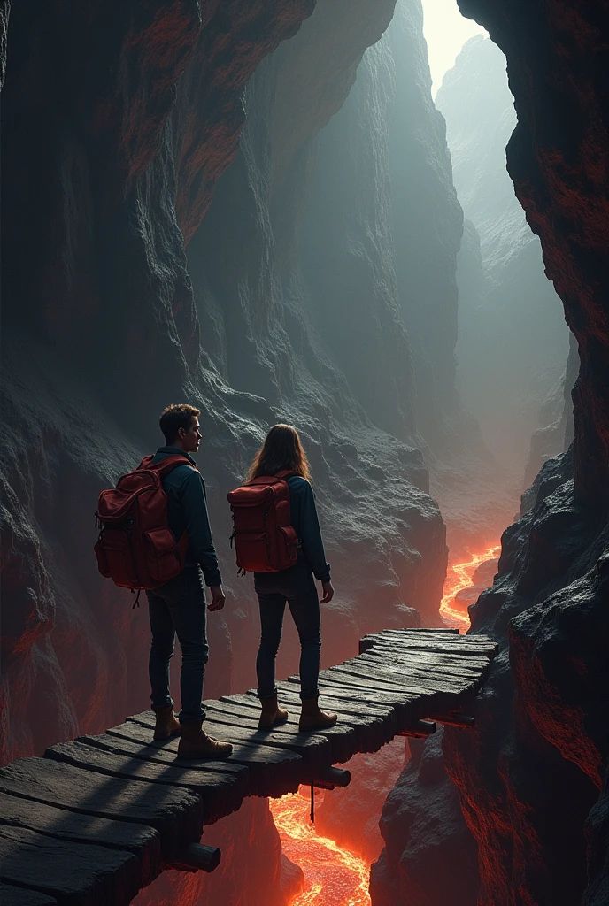 A dark cave with a huge cliff and in the background a river of lava and a wooden bridge connecting the exit of the cave and the other part of the cave. And there are also two scientists, a young man and a woman with loose hair, about to cross the bridge.. And everyone has special clothing for dangerous expeditions
