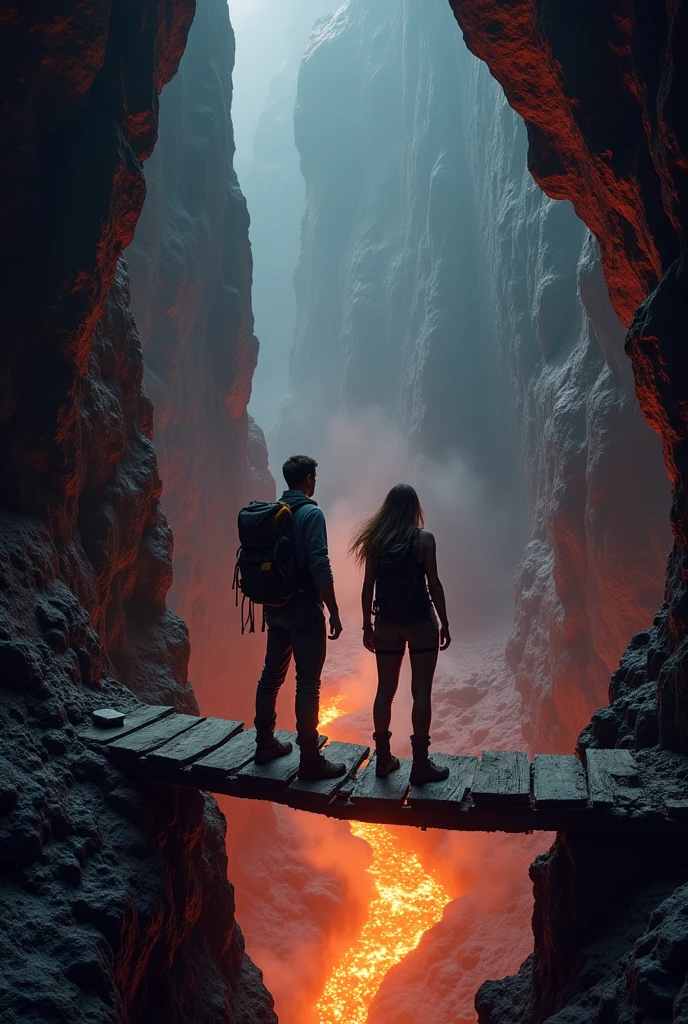 A dark cave with a huge cliff and in the background a river of lava and a wooden bridge connecting the exit of the cave and the other part of the cave. And there are also two scientists, a young man and a woman with loose hair, about to cross the bridge.. And everyone has special clothing for dangerous expeditions