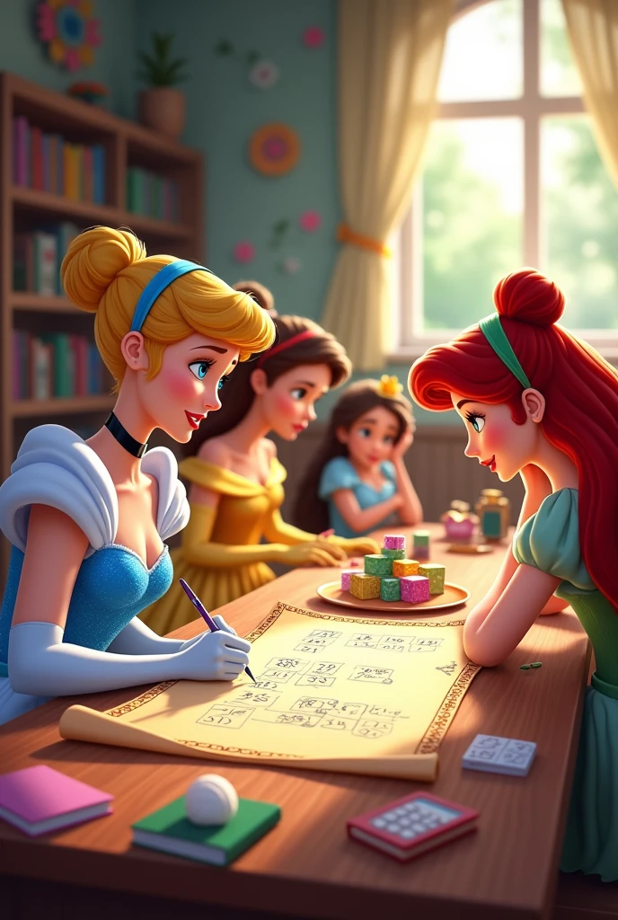 Give me a picture showing Disney princesses thinking and counting numbers (studying math).