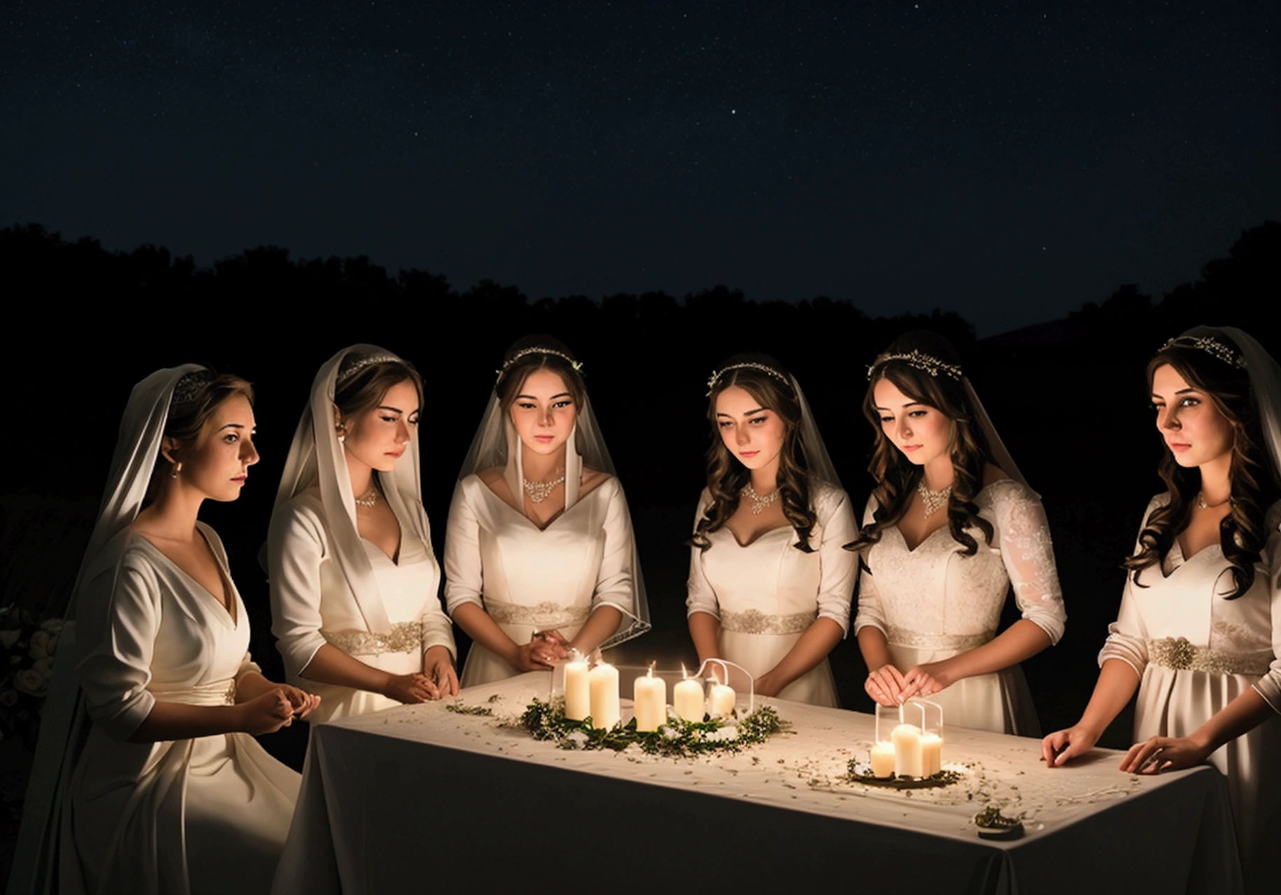 Five beautiful brides, on a dark night, the stars shone in the sky, waiting for the bride and groom, while preparing their lightless, unlit lamps, scenes based on the times of the apostles.