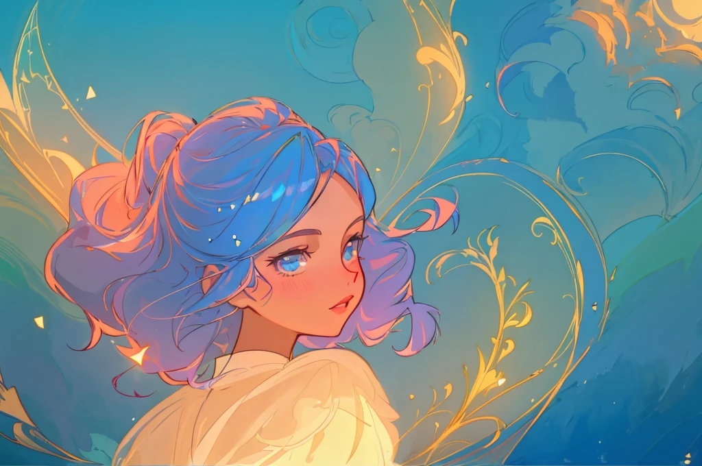 belle fille animée, inspired par Glen Keane, inspired par Lois van Baarle, (style artistique Disney), par Lois van Baarle, aura lumineuse autour, par Glen Keane, cheveux brillants et fluides, cheveux brillants et fluides, belle illustration numérique, magique, (Super détaillé, 8k, Meilleure qualité, ultra détaillé, chef-d'œuvre), dégradé bleu-bleu pâle, brillant, la lumière brille, Belle et mystérieuse adolescente, Une fille aux cheveux blancs et les yeux rouges, apparence adulte, le visage méchant, yeux rouge sang, peau pâle, cheveux blonds très clairs, cheveux longs, décor paisible, clair, eau, portrait épaule, rêveur, Esthétique, vêtements brillants brillants irisés, vêtements brillants réfléchissants, pastel, reflet, dégradé doux