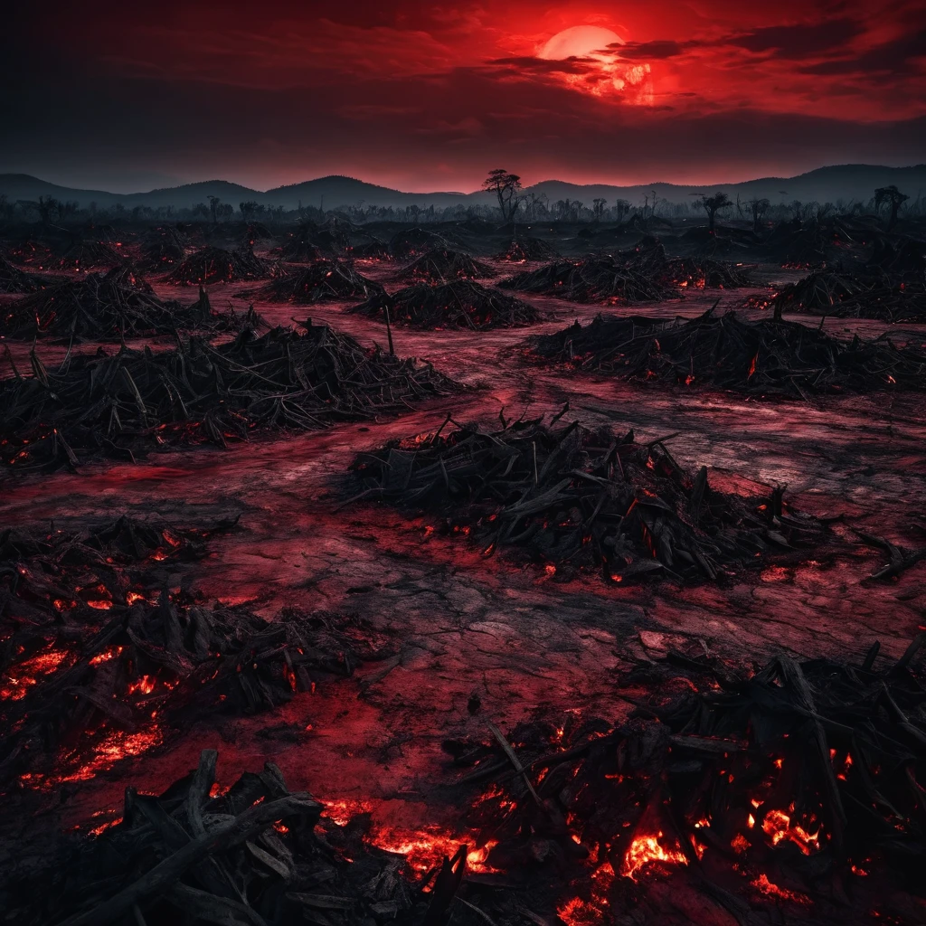 Scenery open plain very dark at night dark red sky ground full of piles of torn flesh, horror red and black flames in some places of the image, very dark horror scene at night