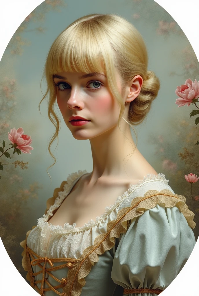 Oval portrait of a woman with a straight blonde man-style haircut wearing 19th century clothing without bangs on her forehead