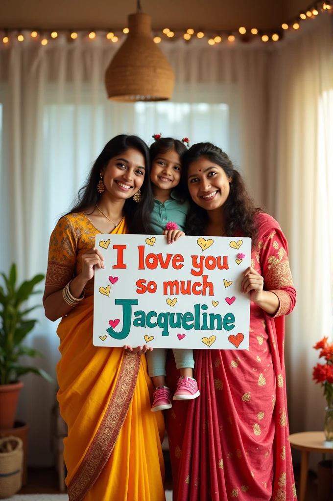 An image of an Indian family with a sign in their hands that says "I love you so much Jacqueline"