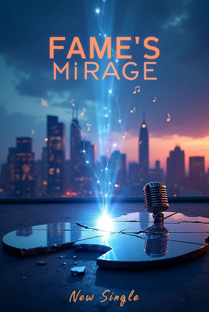For the YouTube thumbnail and cover of the song “Fame's Mirage,” envision a dramatic city skyline at twilight, set against a moody backdrop that captures the essence of urban pop. The foreground features a broken mirror reflecting a bright spotlight, symbolizing the illusion and fleeting nature of fame. The color scheme blends deep blues and purples with bright highlights to emphasize the song's dramatic and emotional tone. The title, “Fame's Mirage,” is prominently displayed in a bold, modern font, with a subtitle such as “New Single” or “Official Video” in a smaller, stylish typeface. Additional imagery of a microphone and musical notes subtly integrates into the cityscape, enhancing the urban and melodic feel of the cover.