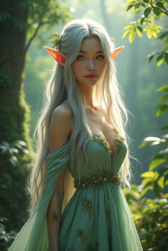 Generates an image of an elf waifu with great attributes, that has pointy ears and a charming appearance. She must have long and shiny hair, with an elegant dress that highlights your figure. The background must be a magical forest, with soft lighting and an ethereal atmosphere that complements its beauty." You can adjust the details according to your preferences.. Hope this can help you!