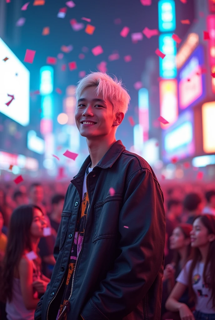 An American male kpop idol, 18 years old with white hair and a charming smile
