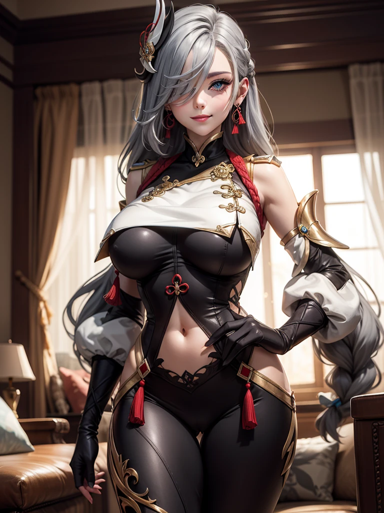 earrings, braided ponytail, puffy sleeves, gold trim, gloves, bodysuit, breast curtain, shoulder cutout, covered navel, hip vent, clothing cutout, tassel, (luxury livingroom background), ShenheV4, anime cels style, best quality, high resolution, 1girl, (huge breasts:1.2), beautiful face, grey hair, long hair, hair ornament, hair over one eye, blue eyes, cowboy shot, smiling