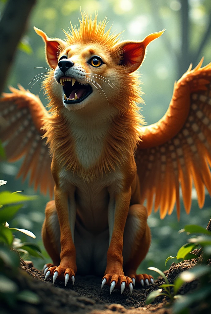 create a mixture of the animals: hedgehog (feature: Spines) , lab (feature: snout, ears) , lion (feature: Mane, Baring teeth), Greifadler (feature: Schnabel, eyes, wing, Claws) and poison frog (feature: eyes, Skin color, tongue) 

Binde die featuree mit ein! 
you should be able to recognize each animal
!!!present it like this, that I can simply trace it!!!