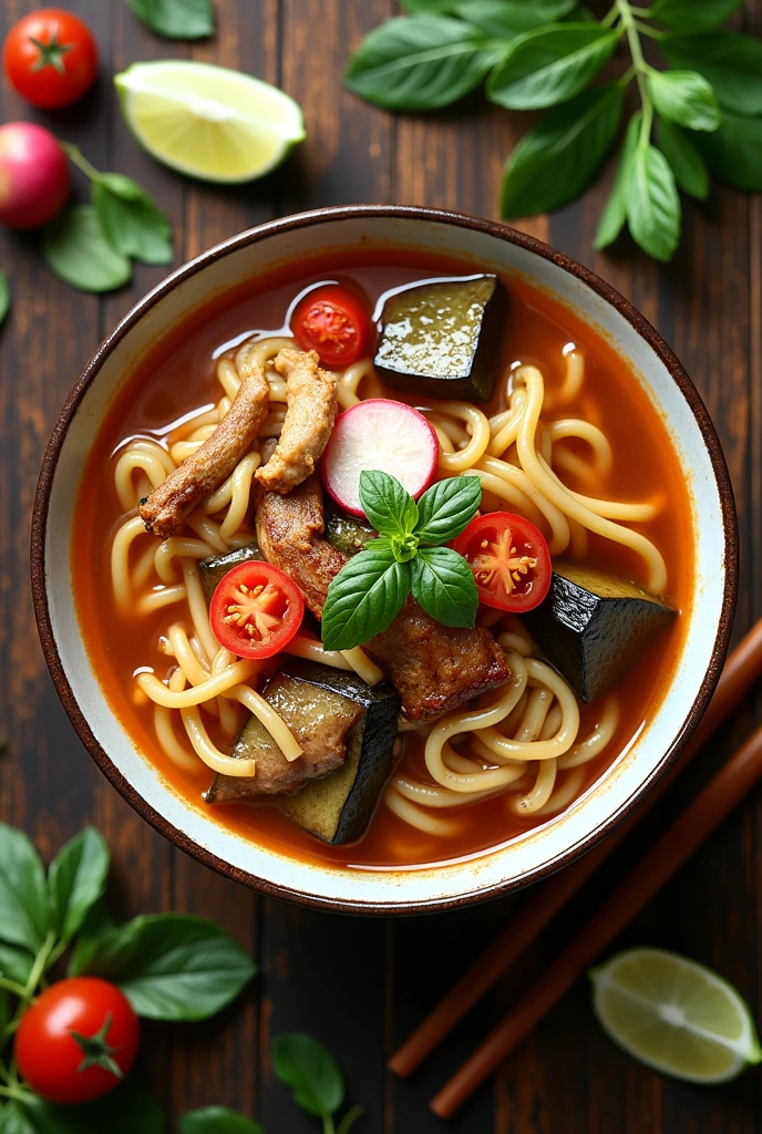 Sinigang pasta in a bowl, top view, straight top view