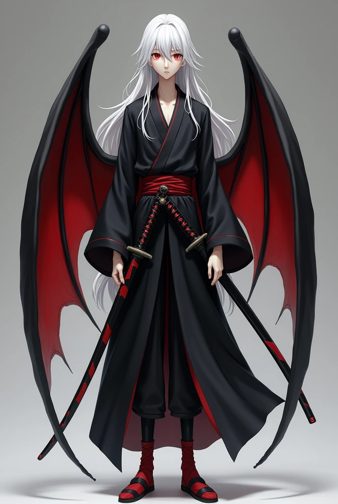 Kizuro is a young boy with a thin and slender body., 1,75 tall, Eyes red, pale skin, long white hair that reaches more than halfway down her back, with strands on each side of the head, with a fringe that covers one of his eyes, more precisely, the left eye. He wears a black Demon Slayer uniform with a slight red tint., red tabi socks, and a pair of red zori with black straps and a black haori on the back. He has a katana on each side of his waist in black sheaths., which are 90 cm long. Kizuro has black bat wings with red interior on the sides and an extremely feminine face..