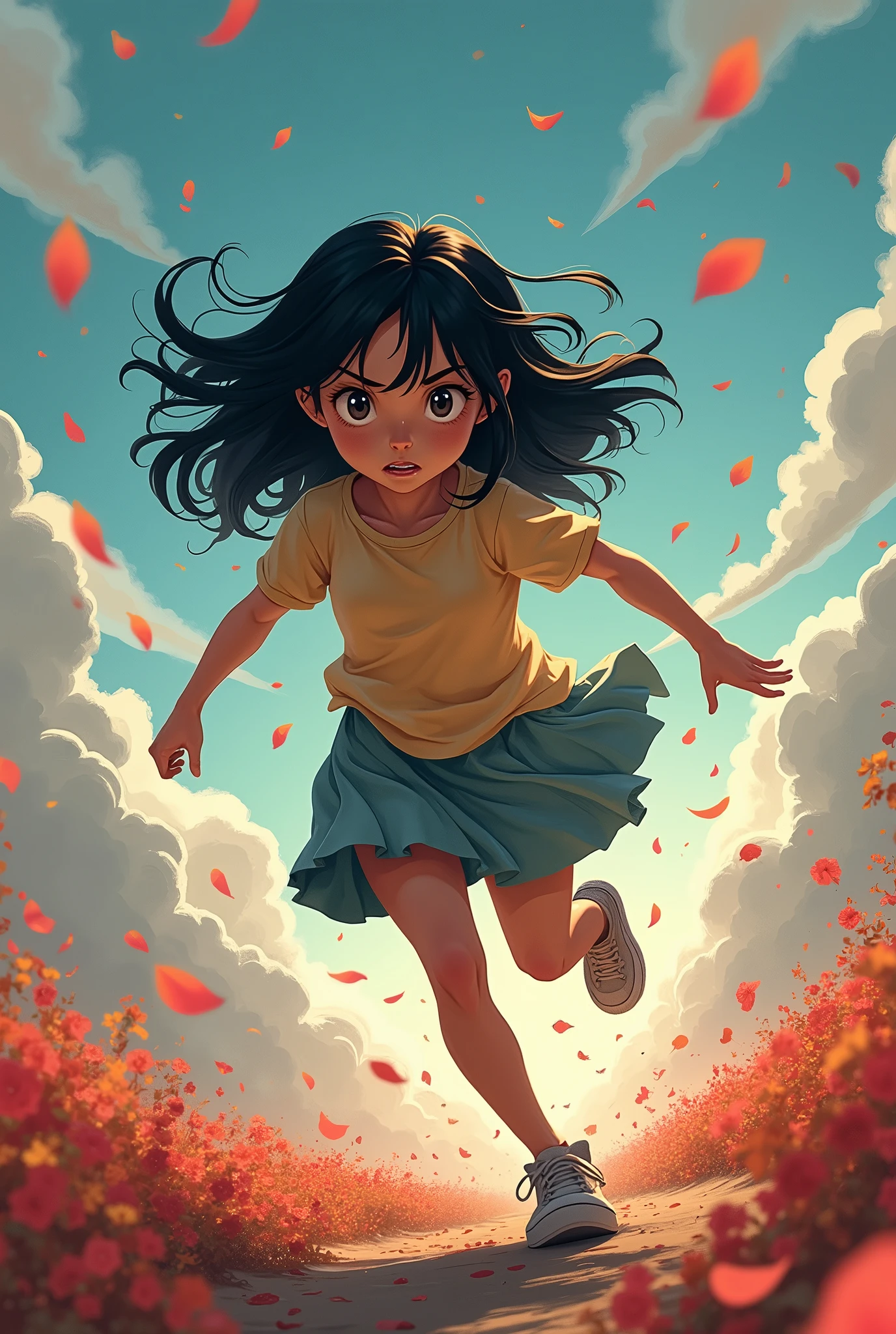 a black-haired girl with shoulder-length hair, fleeing from reality.