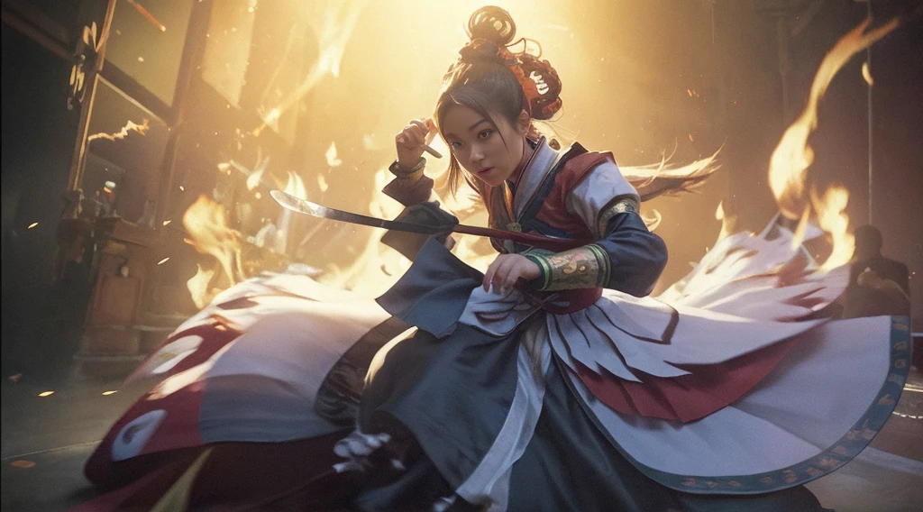Fisheye lens with flames in background, Chinese girl dancing swords, dressed in Tang costume, a person, upward light, ray tracing, edge light, glow effect, exaggerated action, exaggerated perspective, orange, green, realistic ultra-fine rendering wind, super detail, blender, octanerending