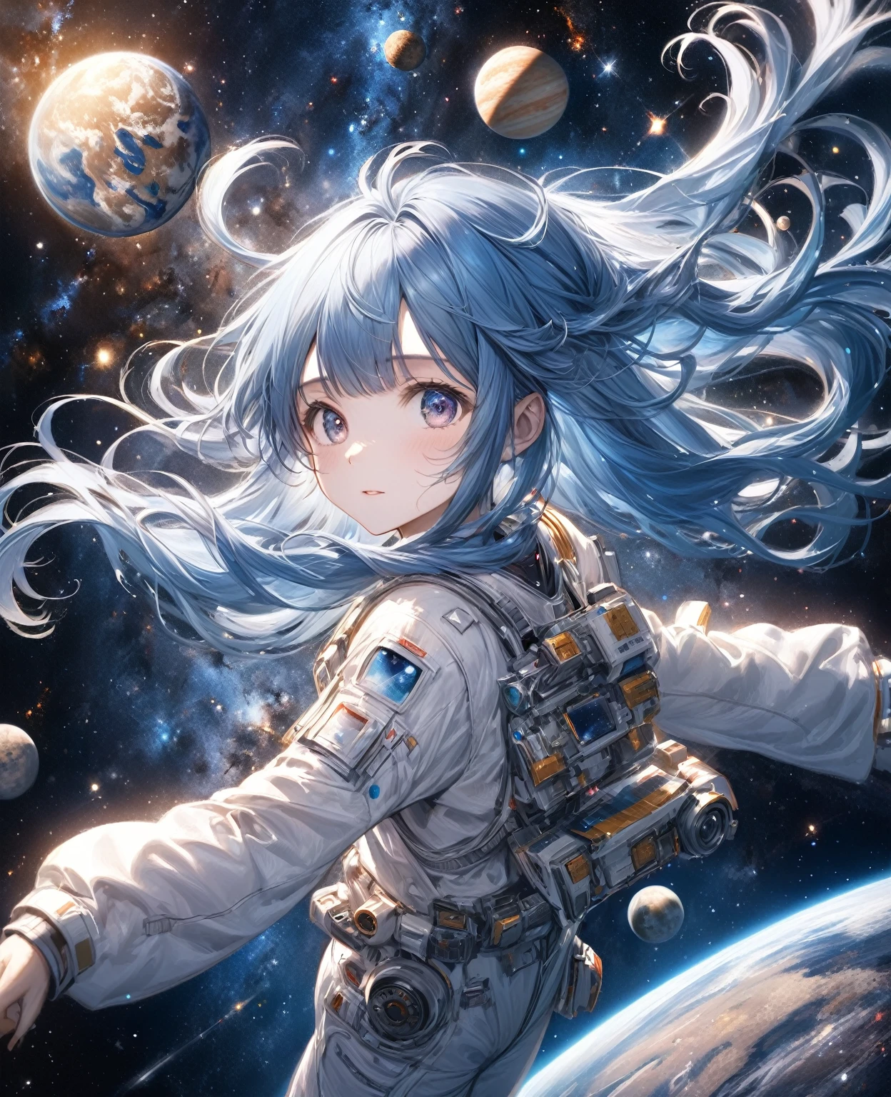 Highest quality, detailed, 4K, RAW Photos, masterpiece, detailed face,, performer, planet, Milky Way, space,, a photo of アニセマー flying in space, Blue Hair, bangs, Long Hair, View your viewers,
