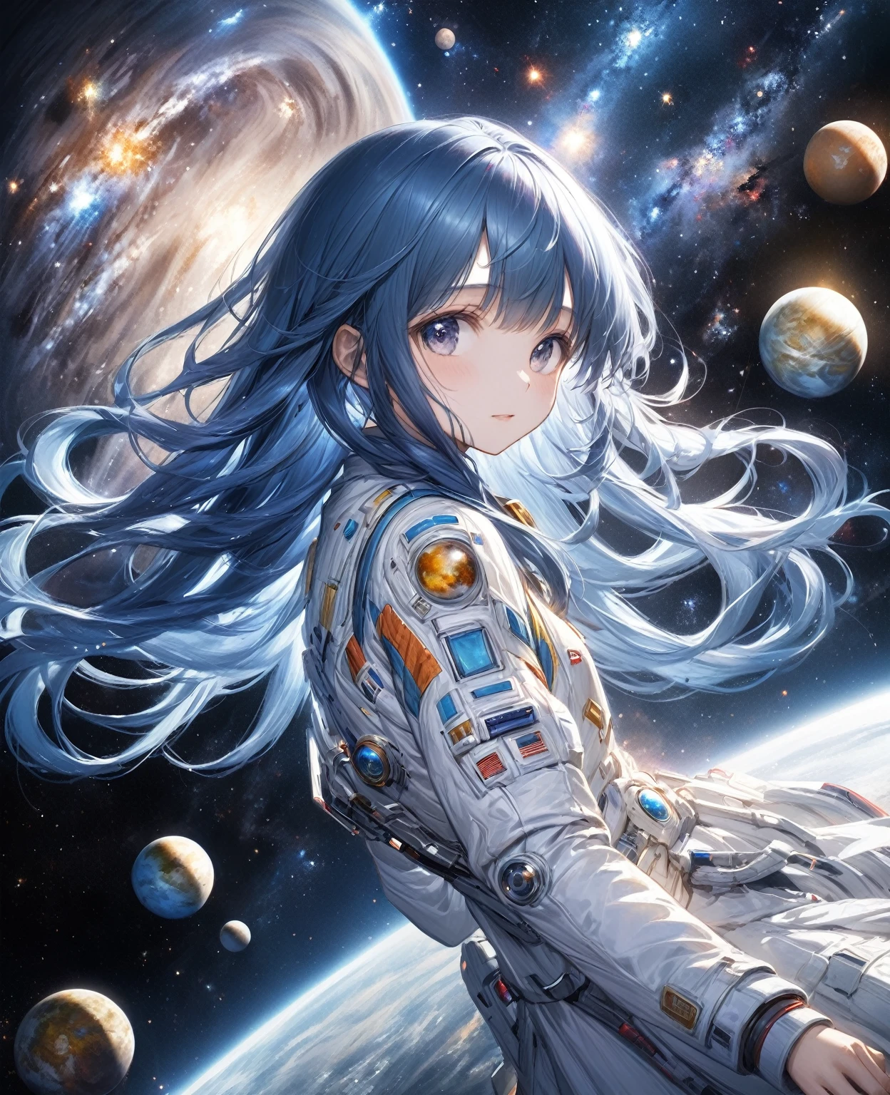 Highest quality, detailed, 4K, RAW Photos, masterpiece, detailed face,, performer, planet, Milky Way, space,, a photo of アニセマー flying in space, Blue Hair, bangs, Long Hair, View your viewers,