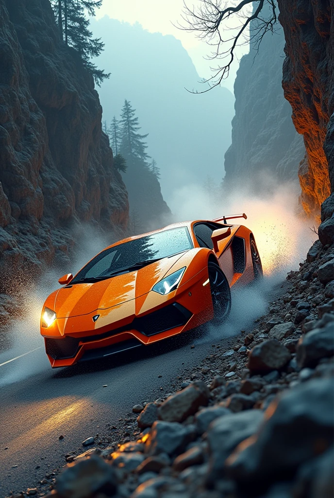 "A high-intensity, photorealistic scene of a dramatic car accident on a treacherous road. The car is skidding out of control or colliding with an obstacle, capturing the moment of impact. The background features a perilous environment, such as a narrow, winding mountain pass with steep cliffs or a chaotic urban street filled with heavy traffic. The composition follows the rule of thirds, with the car centrally placed and occupying most of the frame. The image uses high contrast, with bright, saturated colors to make the scene pop and draw attention. Emphasize the sense of danger and tension in the scene, with debris flying and dynamic motion blur effects.