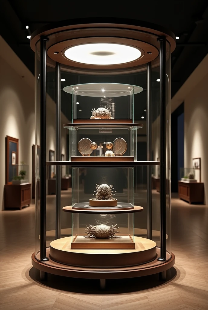 (photorealism:1.2), Display case, elegant, circular, security, 4 levels, 2 meters, black steel bars, tempered glass, collectors.
