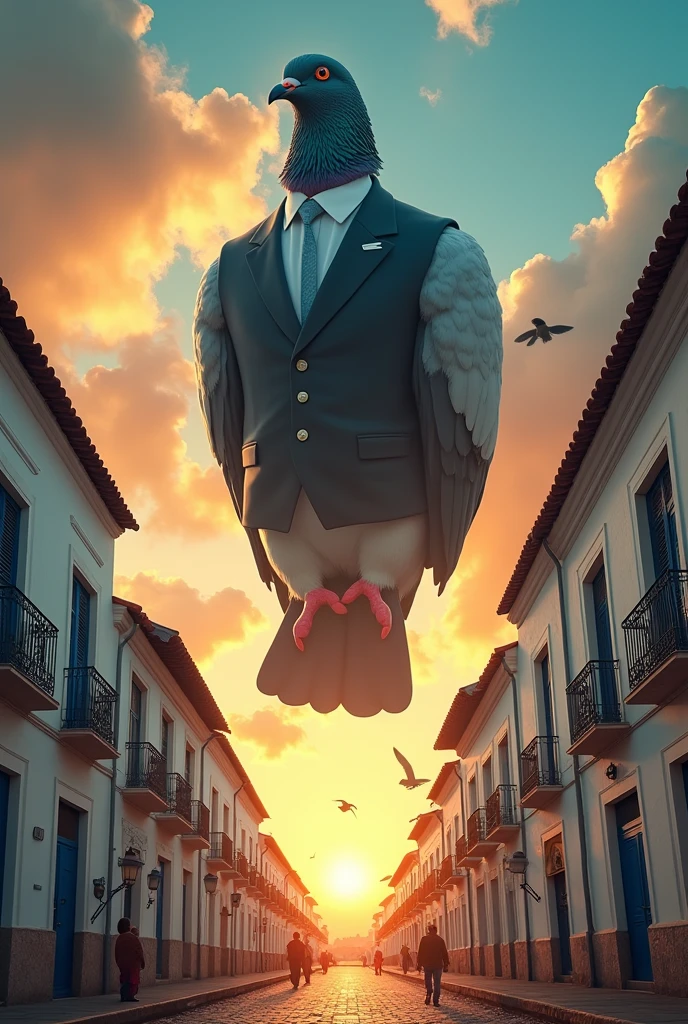 Fictional movie poster of a pigeon in a suit a giant-sized pigeon invading the colonial city of Popayán Colombia a city with white colonial buildings. The pigeon must be on the buildings and the pigeon must be bigger than the buildings.
