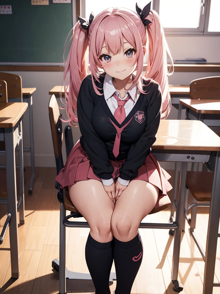 Thicc ass, sitting on chair desk, looking at us, pink g-string, detailed thicc g-string, (long socks), twin tails, black and red schoolgirl uniform, classroom, looking at us, soft smile, skirt, random hair color, smug face, sitting,