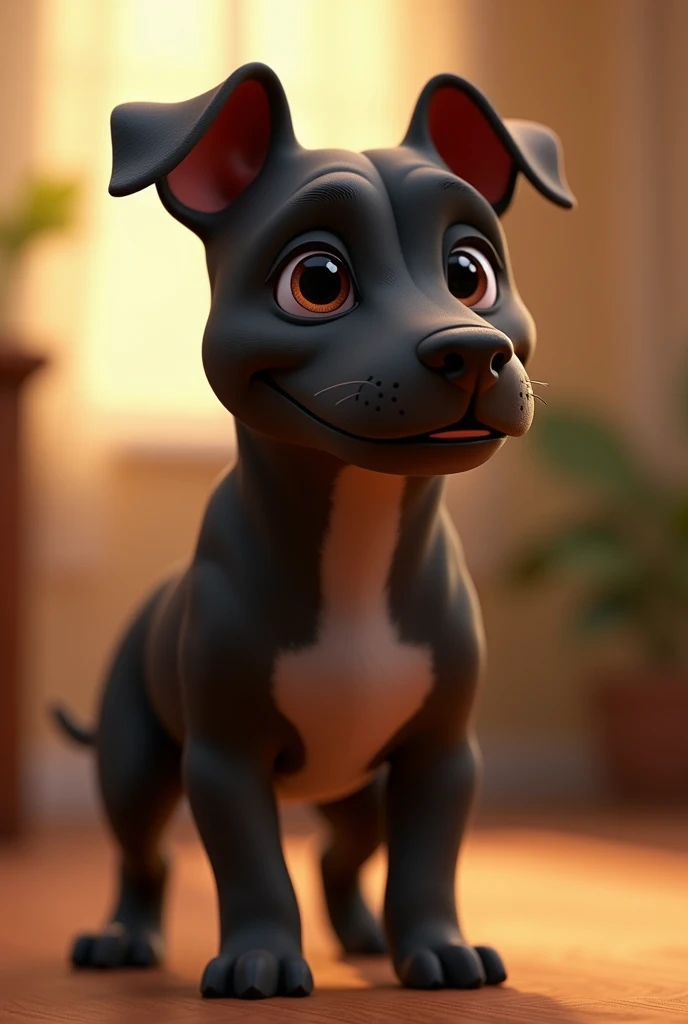 dog character, pit bull breed, with medium ears standing up, grown-up, average size, blackw, stark, grown-up, animation character, stylized character, animation style rendering, 3d stylized, Arnold Maya rendering, Stylized 3D rendering, toon render screenshot, 3d character, 3d character, Stylized 3D rendering, 3D character rendering, cartoon character, Personagem de close up, character posing, (Pixar-style) (master part:1.2) (bokeh) (best quality) (skin detailed) (detailed texture) (8k) (Argilla) (cinematic lighting) (sharp focus