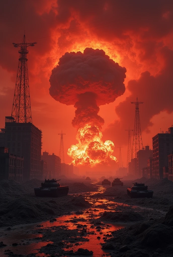 no people, landscape, no roads, explosions everywhere, devastated city, Red Sky, explosions, bombs, fire smoke, fallen buildings, war wuins, fat man bomb, world war II, war tanks