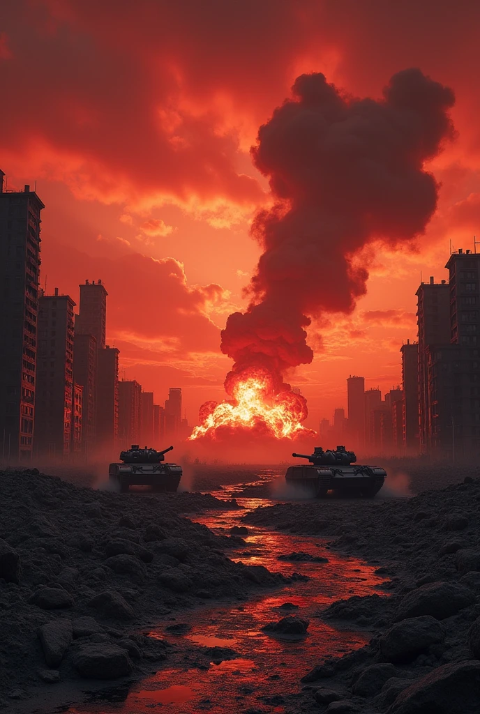 no people, landscape, no roads, explosions everywhere, devastated city, Red Sky, explosions, bombs, fire smoke, fallen buildings, war wuins, fat man bomb, world war II, war tanks