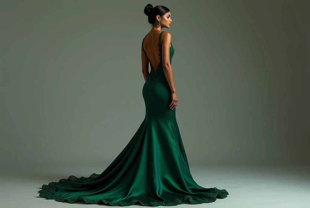 A figure in a dark emerald green silk gown with a low, open back and intricate lace detailing along the edges. The gown clings to her body, accentuating every curve, with a cascading train that follows her every step. She wears her hair in a sophisticated chignon and dons emerald earrings, creating a look of understated yet powerful seduction.20 year old black hair breast size C cup hip ratio 0.69 Design a high-resolution, ultra-realistic 4K digital